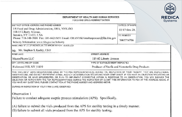 FDA 483 - MasterPharm LLC [South Richmond Hill / United States of America] - Download PDF - Redica Systems