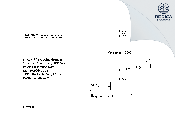 FDA 483 Response - HOLOPACK VERPACKUNGSTECHNIK GMBH [Abtsgmünd / Germany] - Download PDF - Redica Systems