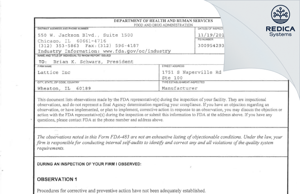 FDA 483 - Lattice Inc [Wheaton / United States of America] - Download PDF - Redica Systems
