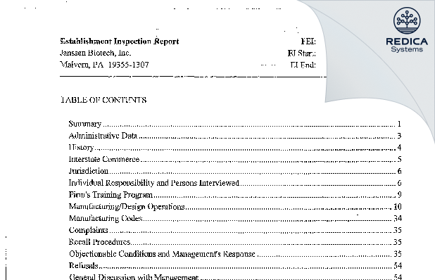 EIR - Janssen Biotech, Inc. [Malvern Pennsylvania / United States of America] - Download PDF - Redica Systems