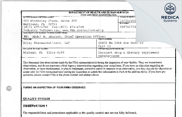 FDA 483 - Allay Pharmaceuticals, LLC [Miami Florida / United States of America] - Download PDF - Redica Systems
