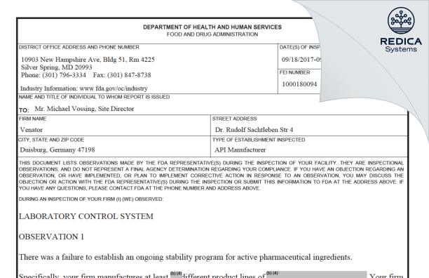 FDA 483 - Venator Germany GmbH [Duisburg / Germany] - Download PDF - Redica Systems