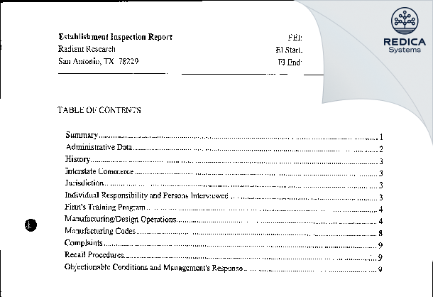 EIR - RADIANT RESEARCH, INC. [San Antonio / United States of America] - Download PDF - Redica Systems