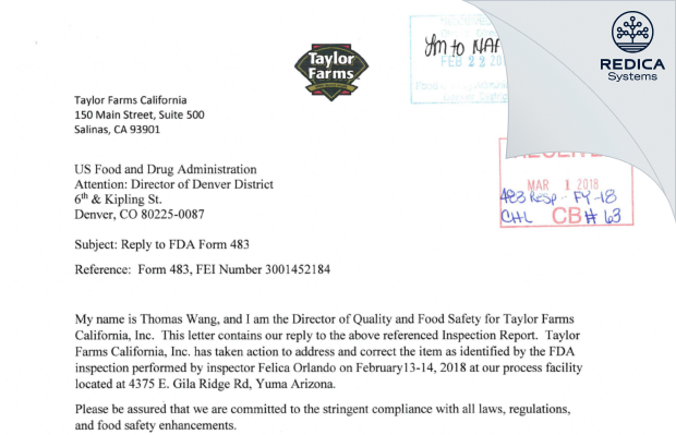 FDA 483 Response - Taylor Fresh Foods, Inc. [Yuma / United States of America] - Download PDF - Redica Systems