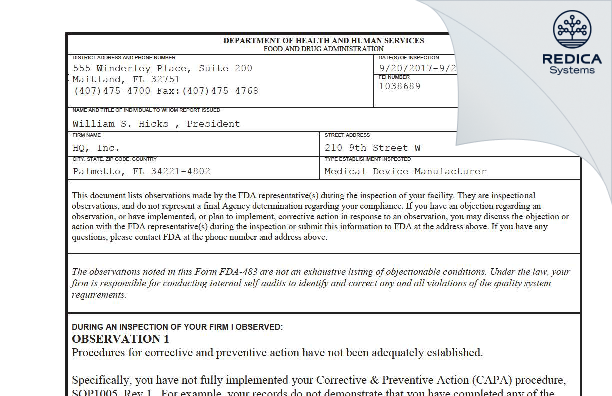 FDA 483 - HQ, Inc. [Palmetto / United States of America] - Download PDF - Redica Systems