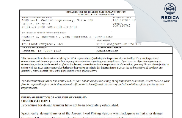 FDA 483 - Trilliant Surgical, LLC [Houston / United States of America] - Download PDF - Redica Systems