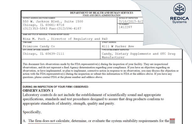 FDA 483 - Primrose Candy Company [Chicago / United States of America] - Download PDF - Redica Systems