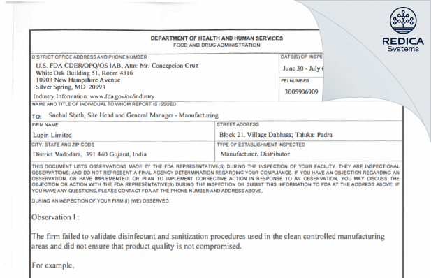 FDA 483 - LUPIN LIMITED [Padra / India] - Download PDF - Redica Systems