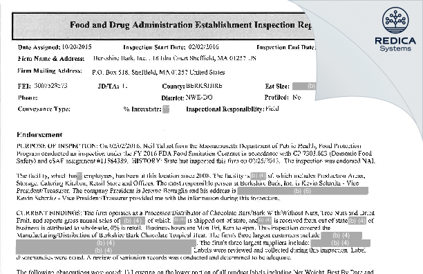 EIR - Berkshire Bark, Inc. [Sheffield / United States of America] - Download PDF - Redica Systems