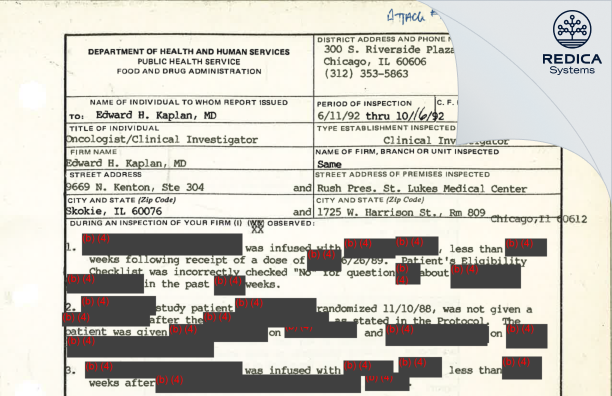 FDA 483 - Edward H. Kaplan, MD [Chicago / United States of America] - Download PDF - Redica Systems