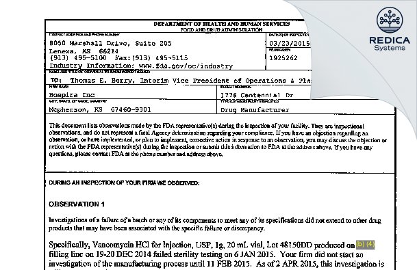 FDA 483 - Hospira, Inc. [Mcpherson / United States of America] - Download PDF - Redica Systems