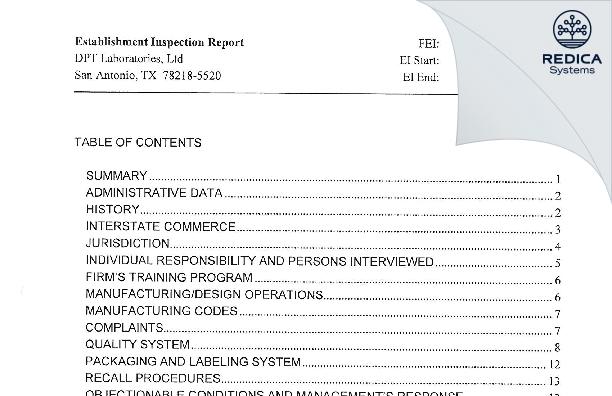 EIR - DPT Laboratories, Ltd. [San Antonio Texas / United States of America] - Download PDF - Redica Systems