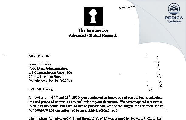 FDA 483 Response - Anne L. Macek, M.D. [Elkins Park / United States of America] - Download PDF - Redica Systems