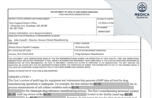 FDA 483 - Bristol-Myers Squibb Company [Devens Massachusetts / United States of America] - Download PDF - Redica Systems