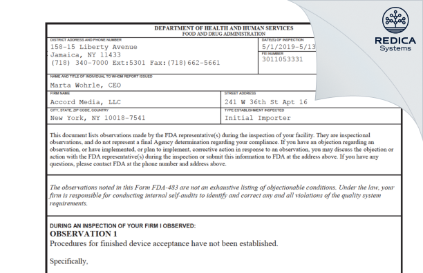 FDA 483 - Accord Media, LLC [New York / United States of America] - Download PDF - Redica Systems