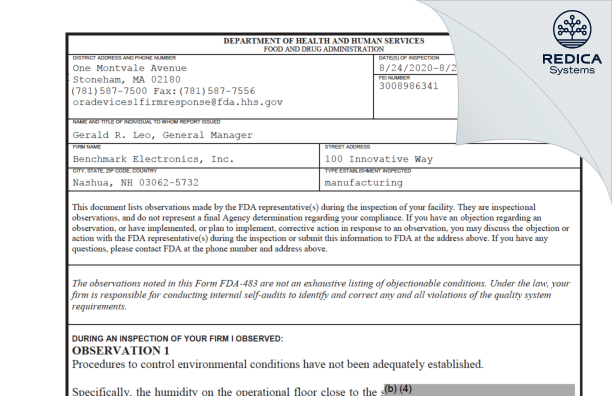 FDA 483 - Benchmark Electronics, Inc. [Nashua / United States of America] - Download PDF - Redica Systems