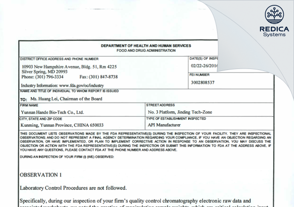 FDA 483 - Yunnan Hande Bio-Tech Co., Ltd. [China / China] - Download PDF - Redica Systems