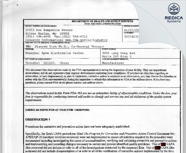 FDA 483 - Philips Ultrasound( Shanghai) Co. Ltd. [Shanghai / China] - Download PDF - Redica Systems