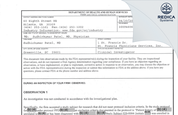 FDA 483 - Sudhirkumar Patel, MD [Greenville / United States of America] - Download PDF - Redica Systems