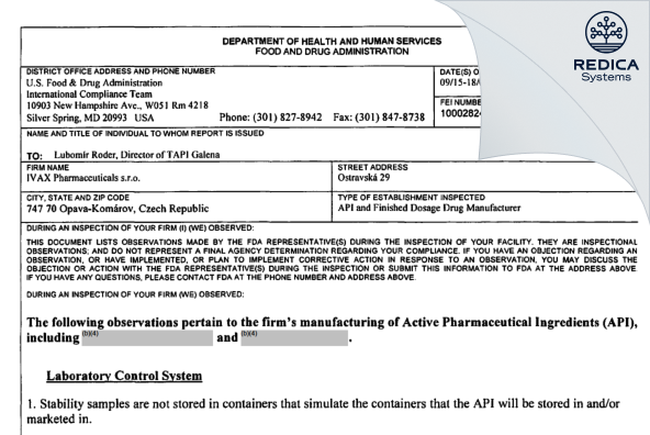 FDA 483 - Teva Czech Industries s.r.o [- / Czechia] - Download PDF - Redica Systems