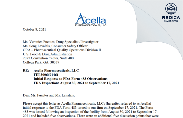 FDA 483 Response - Acella Pharmaceuticals, LLC [Alpharetta Georgia / United States of America] - Download PDF - Redica Systems