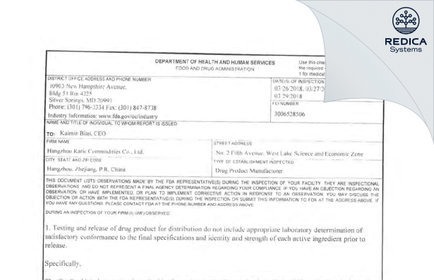 FDA 483 - Hangzhou Karic Commodities Co., Ltd. [Hangzhou / China] - Download PDF - Redica Systems