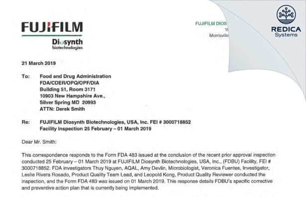 FDA 483 Response - FUJIFILM Diosynth Biotechnologies U.S.A., Inc [Research Triangle Park / United States of America] - Download PDF - Redica Systems