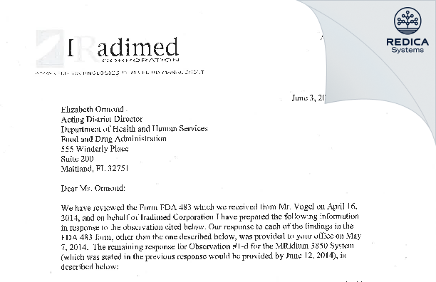 FDA 483 Response - Iradimed Corporation [Winter Springs / United States of America] - Download PDF - Redica Systems