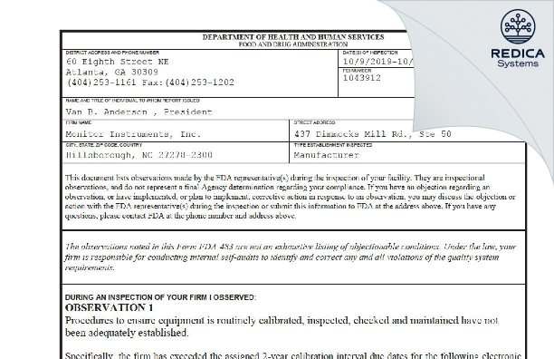 FDA 483 - Monitor Instruments, Inc. [Hillsborough / United States of America] - Download PDF - Redica Systems