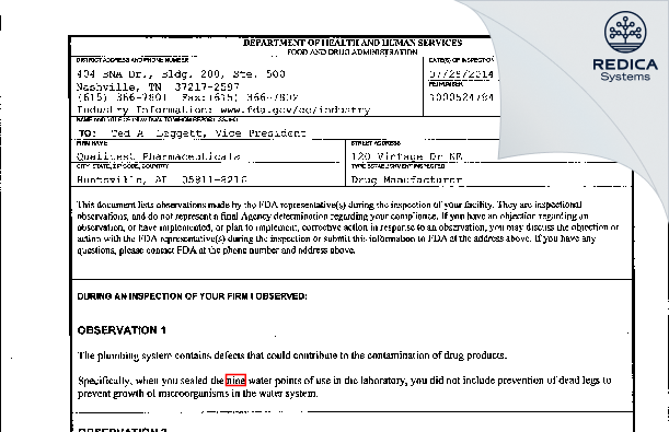FDA 483 - Qualitest Pharmaceuticals [Huntsville / United States of America] - Download PDF - Redica Systems