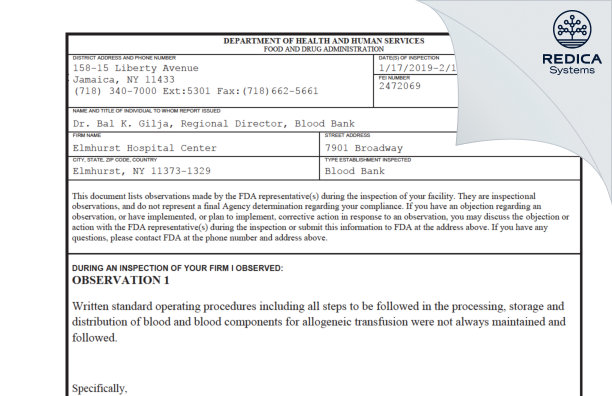 FDA 483 - Elmhurst Hospital Center [Elmhurst / United States of America] - Download PDF - Redica Systems