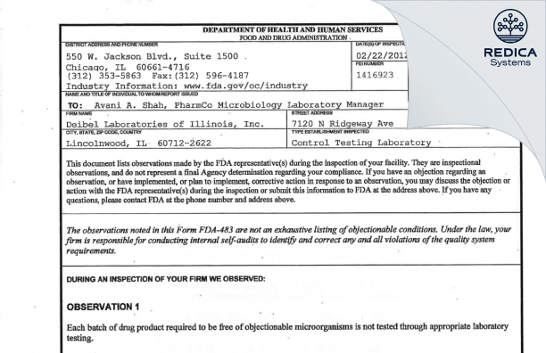FDA 483 - Deibel Laboratories of Illinois, Inc. [Lincolnwood / United States of America] - Download PDF - Redica Systems