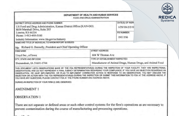 FDA 483 - LLOYD, Inc. of Iowa [Shenandoah / United States of America] - Download PDF - Redica Systems