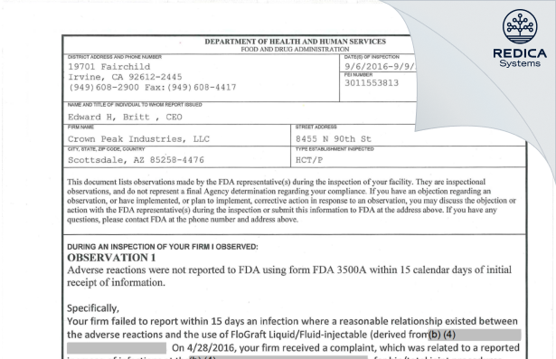 FDA 483 - Crown Peak Industries, LLC [Scottsdale / United States of America] - Download PDF - Redica Systems