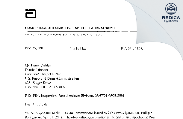 FDA 483 Response - Abbott Laboratories [Columbus / United States of America] - Download PDF - Redica Systems