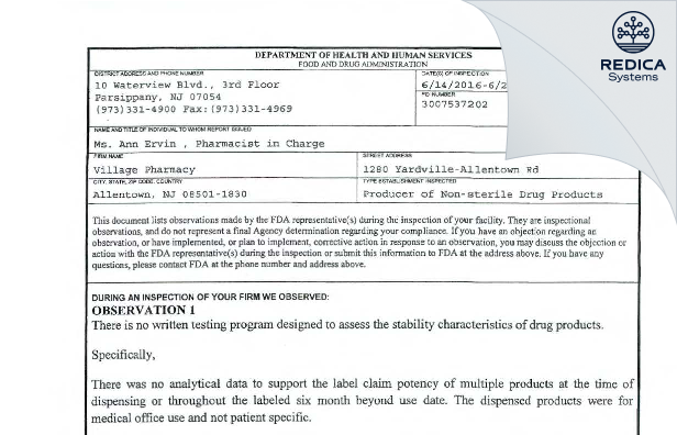FDA 483 - Village Pharmacy [Allentown / United States of America] - Download PDF - Redica Systems