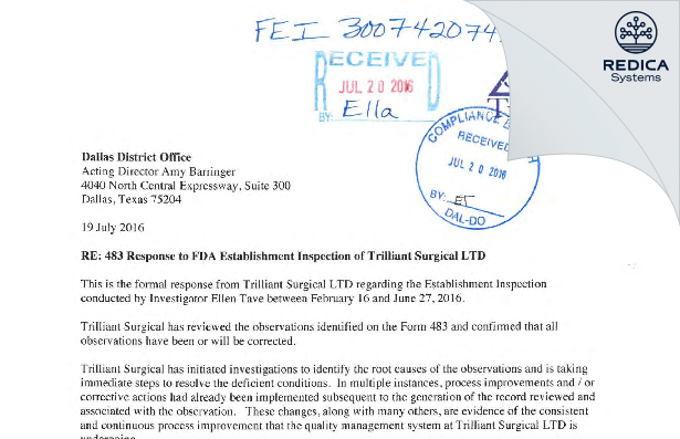 FDA 483 Response - Trilliant Surgical, LLC [Houston / United States of America] - Download PDF - Redica Systems