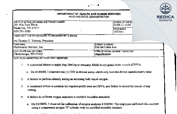 FDA 483 - Pulmonaire Service Inc [Chattanooga / United States of America] - Download PDF - Redica Systems