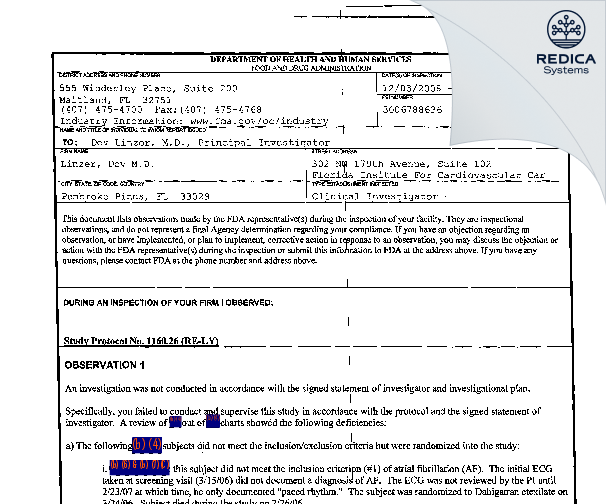 FDA 483 - Linzer, Dov M.D. [Pembroke Pines / United States of America] - Download PDF - Redica Systems