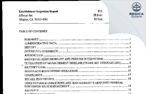 EIR - Lifescan Inc [Milpitas / United States of America] - Download PDF - Redica Systems