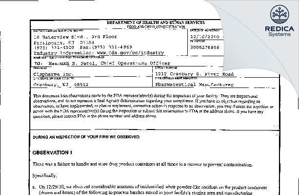 FDA 483 - Cispharma Inc. [Cranbury / United States of America] - Download PDF - Redica Systems