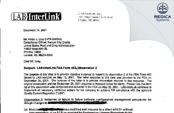 FDA 483 Response - LAB-InterLink Inc [Omaha / United States of America] - Download PDF - Redica Systems