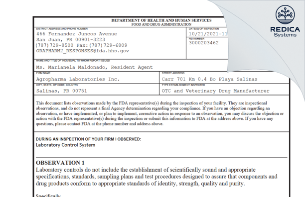 FDA 483 - Agropharma Laboratories Inc. [Salinas / United States of America] - Download PDF - Redica Systems