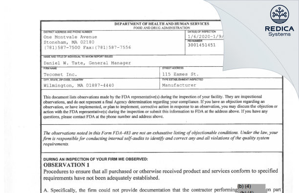 FDA 483 - Tecomet Inc. [Wilmington / United States of America] - Download PDF - Redica Systems