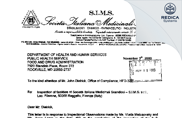 FDA 483 Response - Societa Italiana Medicinali Scandicci S.I.M.S. SrL [Italy / Italy] - Download PDF - Redica Systems