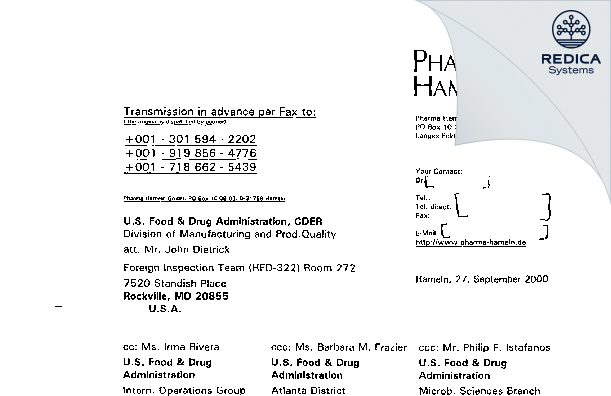 FDA 483 Response - Siegfried Hameln GmbH [Hameln / Germany] - Download PDF - Redica Systems