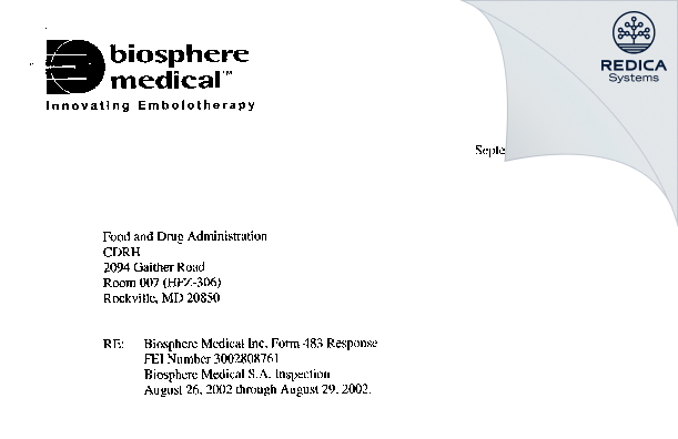FDA 483 Response - BioSphere Medical S.A. [Roissy En France / France] - Download PDF - Redica Systems