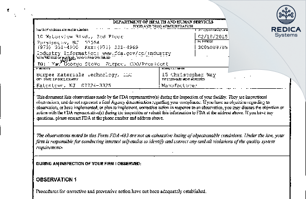 FDA 483 - Burpee Materials Technology, LLC [Eatontown / United States of America] - Download PDF - Redica Systems