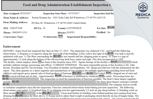 EIR - Koster Keunen Inc [Watertown / United States of America] - Download PDF - Redica Systems