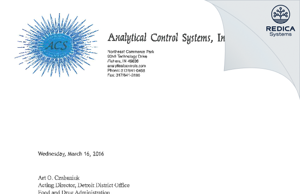 FDA 483 Response - Analytical Control Systems, Inc [Fishers / United States of America] - Download PDF - Redica Systems